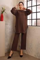 Tesettür giyim KAHVE ZİNCİR DETAYLI İKİLİ PANTOLONLU TAKIM T 2492