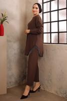 Tesettür giyim KAHVE ZİNCİR DETAYLI İKİLİ PANTOLONLU TAKIM T 2492