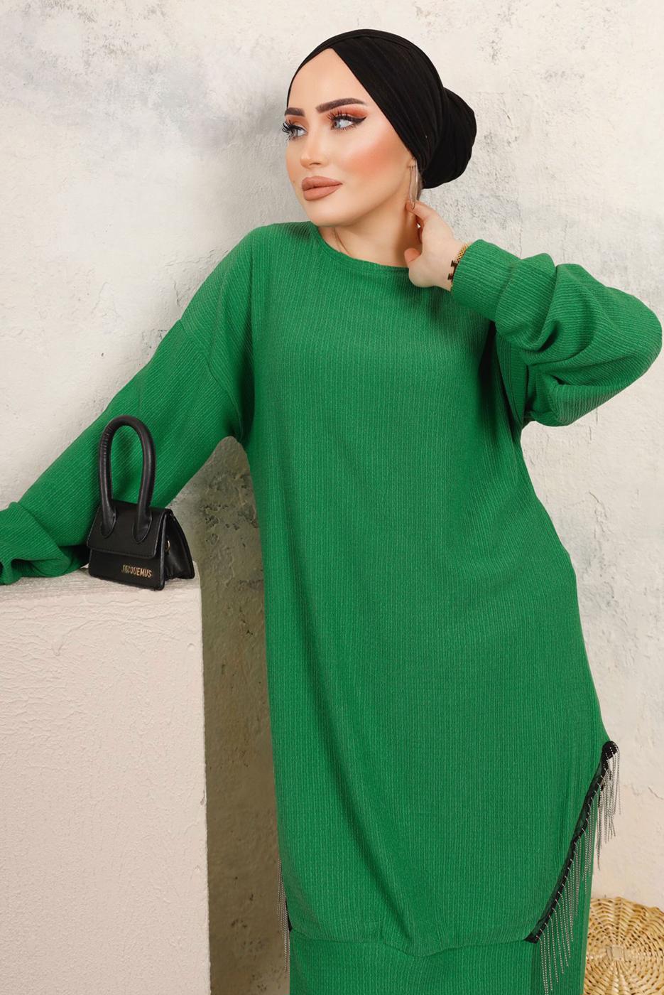 Tesettür giyim YEŞİL ZİNCİR DETAYLI İKİLİ PANTOLONLU TAKIM T 2492