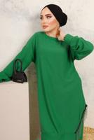 Tesettür giyim YEŞİL ZİNCİR DETAYLI İKİLİ PANTOLONLU TAKIM T 2492