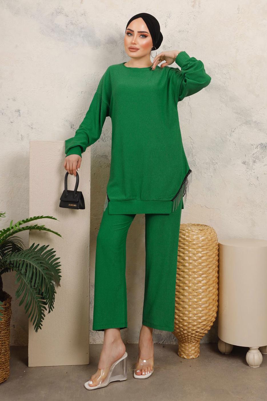Tesettür giyim YEŞİL ZİNCİR DETAYLI İKİLİ PANTOLONLU TAKIM T 2492