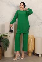 Tesettür giyim YEŞİL ZİNCİR DETAYLI İKİLİ PANTOLONLU TAKIM T 2492