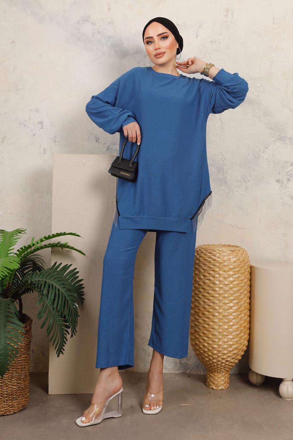 Tesettür giyim LACİVERT ZİNCİR DETAYLI İKİLİ PANTOLONLU TAKIM T 2492