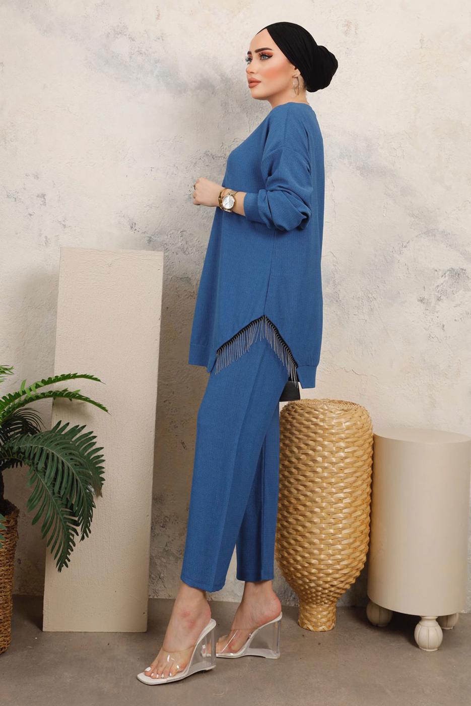 Tesettür giyim LACİVERT ZİNCİR DETAYLI İKİLİ PANTOLONLU TAKIM T 2492