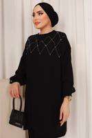 Tesettür giyim SİYAH PUL İŞLEMELİ İKİLİ PANTOLONLU KREP TAKIM T 2603