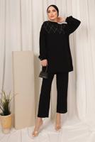 Tesettür giyim SİYAH PUL İŞLEMELİ İKİLİ PANTOLONLU KREP TAKIM T 2603