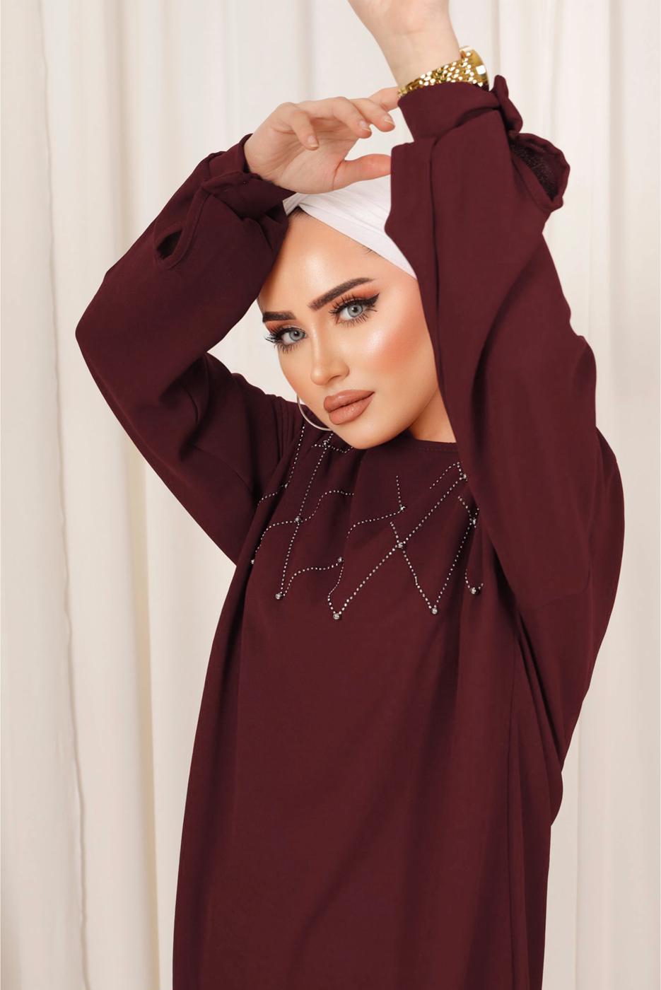 Tesettür giyim BORDO PUL İŞLEMELİ İKİLİ PANTOLONLU KREP TAKIM T 2603