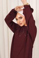 Tesettür giyim BORDO PUL İŞLEMELİ İKİLİ PANTOLONLU KREP TAKIM T 2603