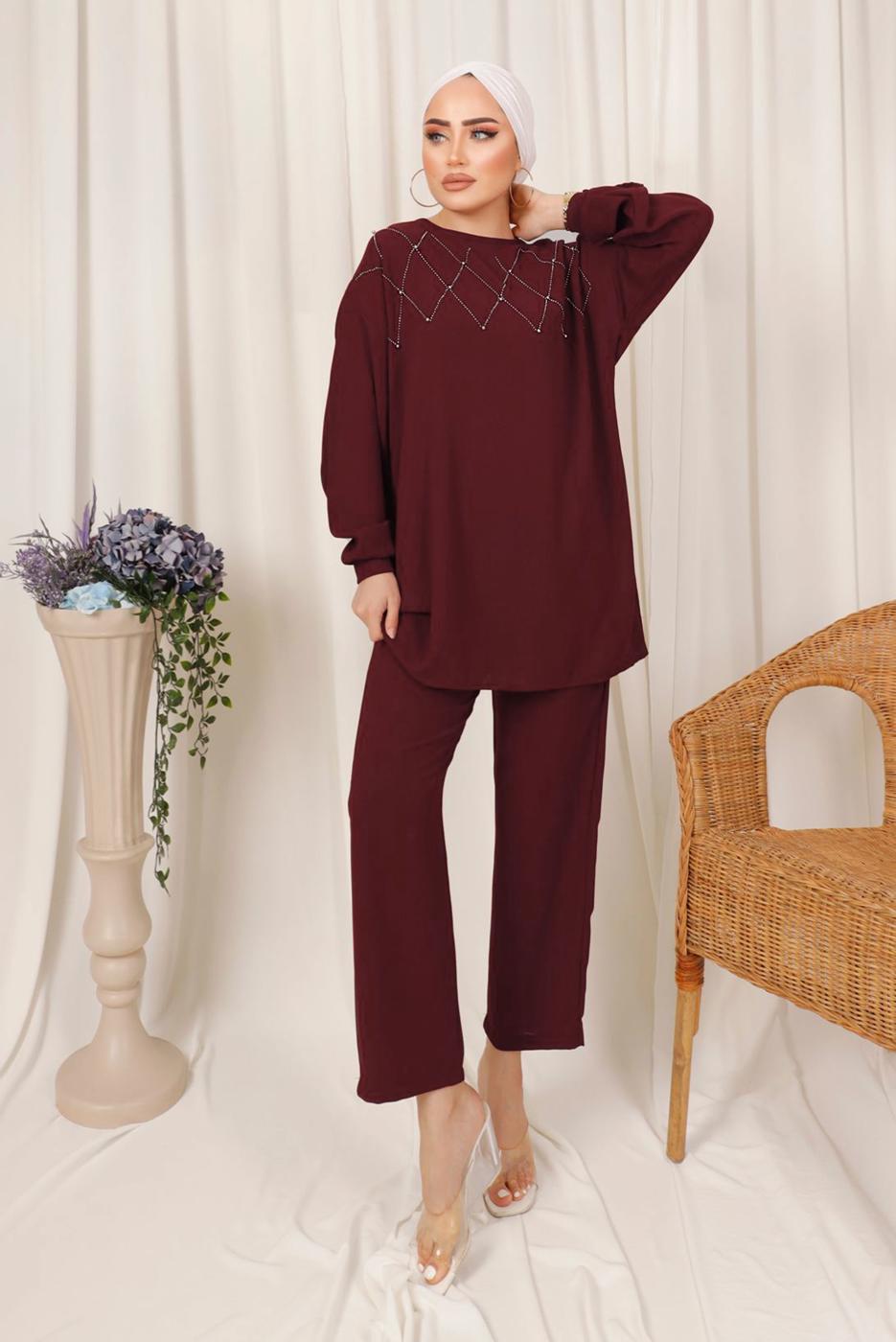 Tesettür giyim BORDO PUL İŞLEMELİ İKİLİ PANTOLONLU KREP TAKIM T 2603