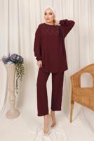 Tesettür giyim BORDO PUL İŞLEMELİ İKİLİ PANTOLONLU KREP TAKIM T 2603