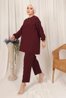 Tesettür giyim BORDO PUL İŞLEMELİ İKİLİ PANTOLONLU KREP TAKIM T 2603