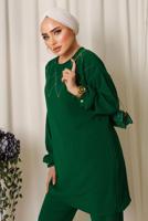 Tesettür giyim YEŞİL PUL İŞLEMELİ İKİLİ PANTOLONLU KREP TAKIM T 2603