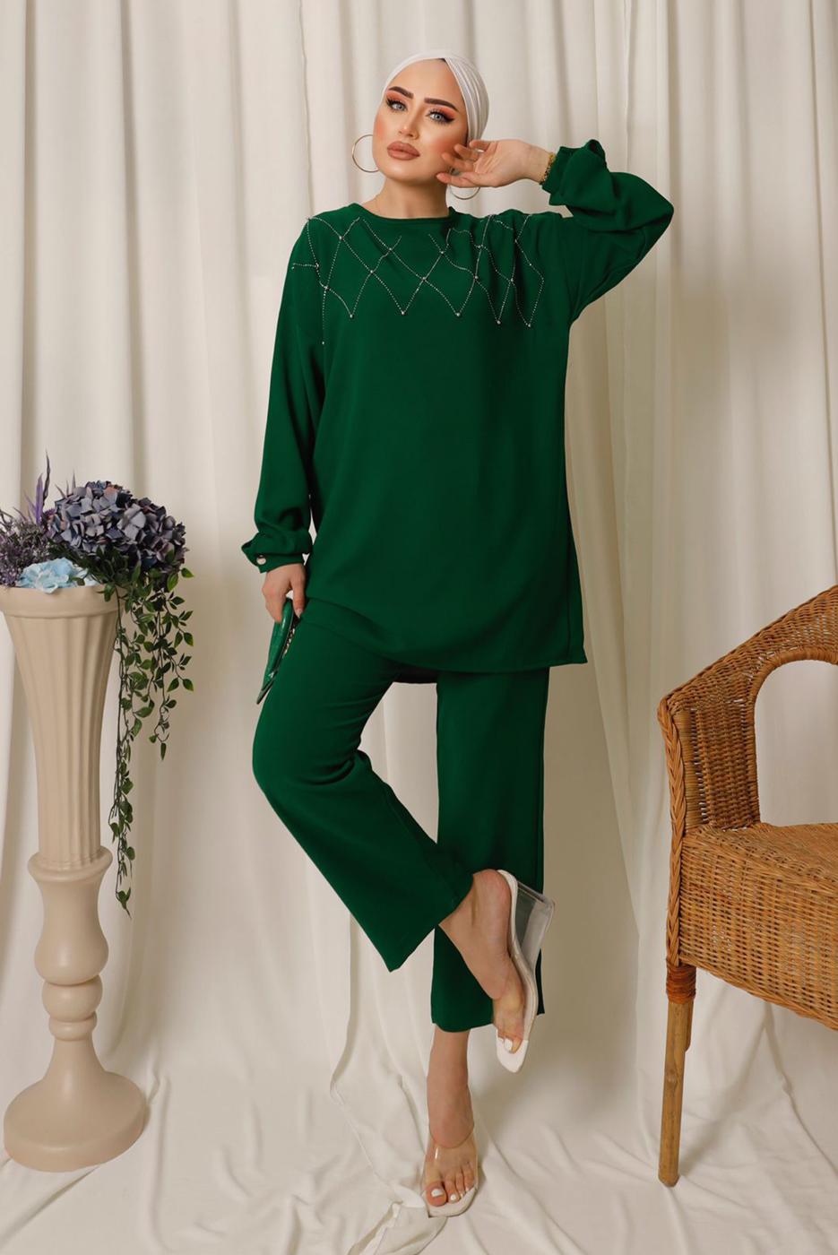 Tesettür giyim YEŞİL PUL İŞLEMELİ İKİLİ PANTOLONLU KREP TAKIM T 2603