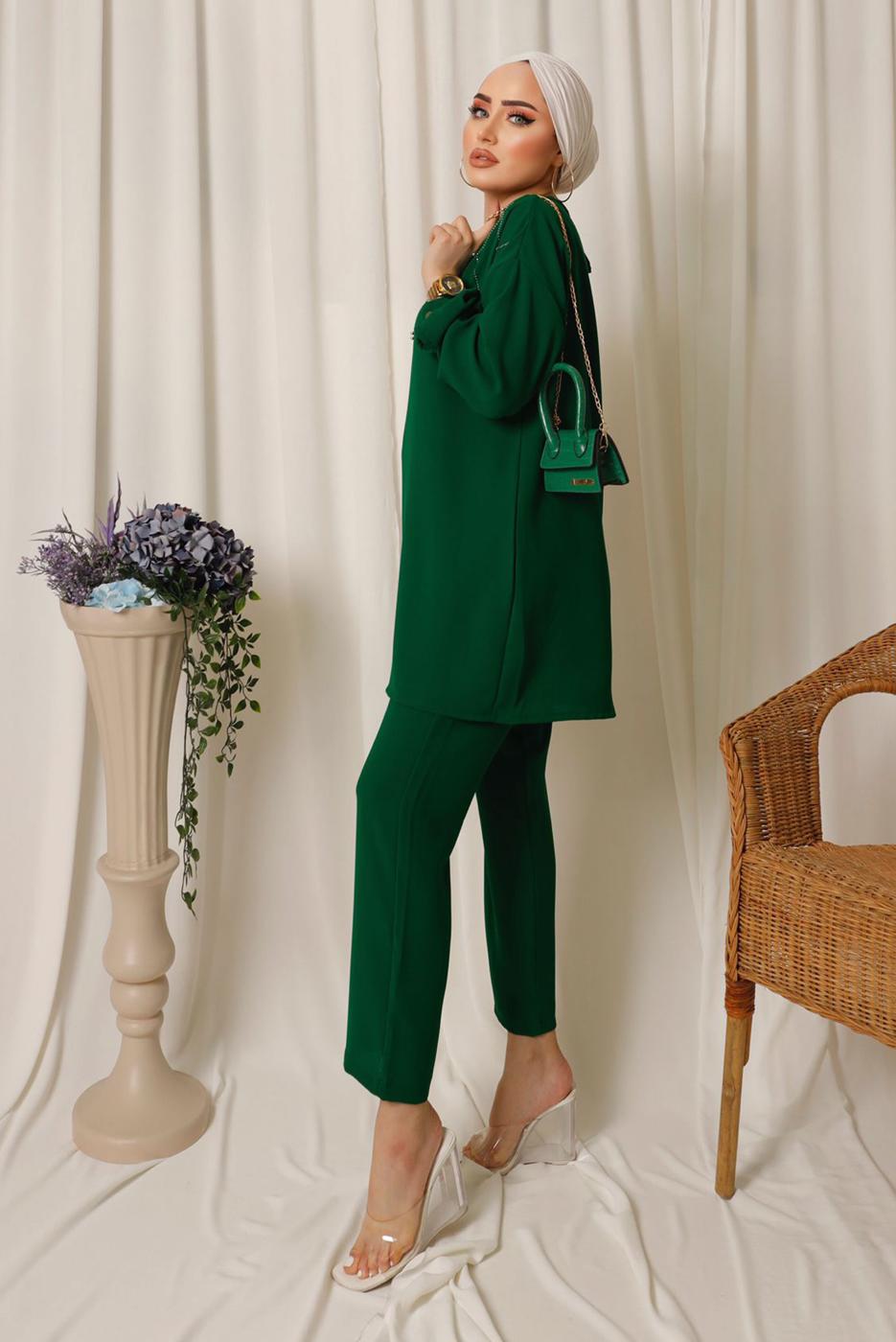 Tesettür giyim YEŞİL PUL İŞLEMELİ İKİLİ PANTOLONLU KREP TAKIM T 2603