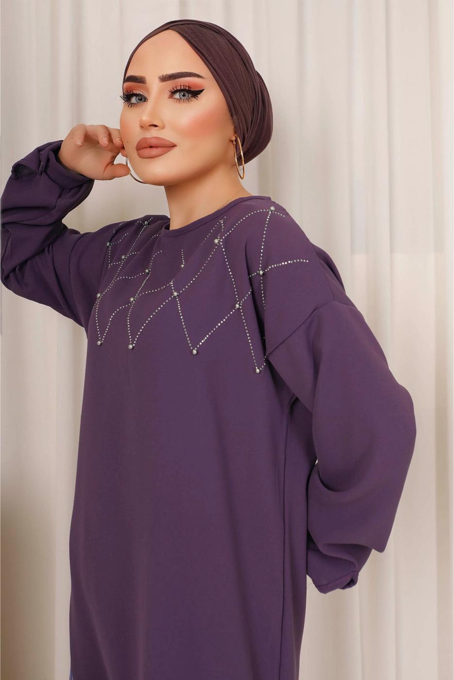 Tesettür giyim MOR PUL İŞLEMELİ İKİLİ PANTOLONLU KREP TAKIM T 2603