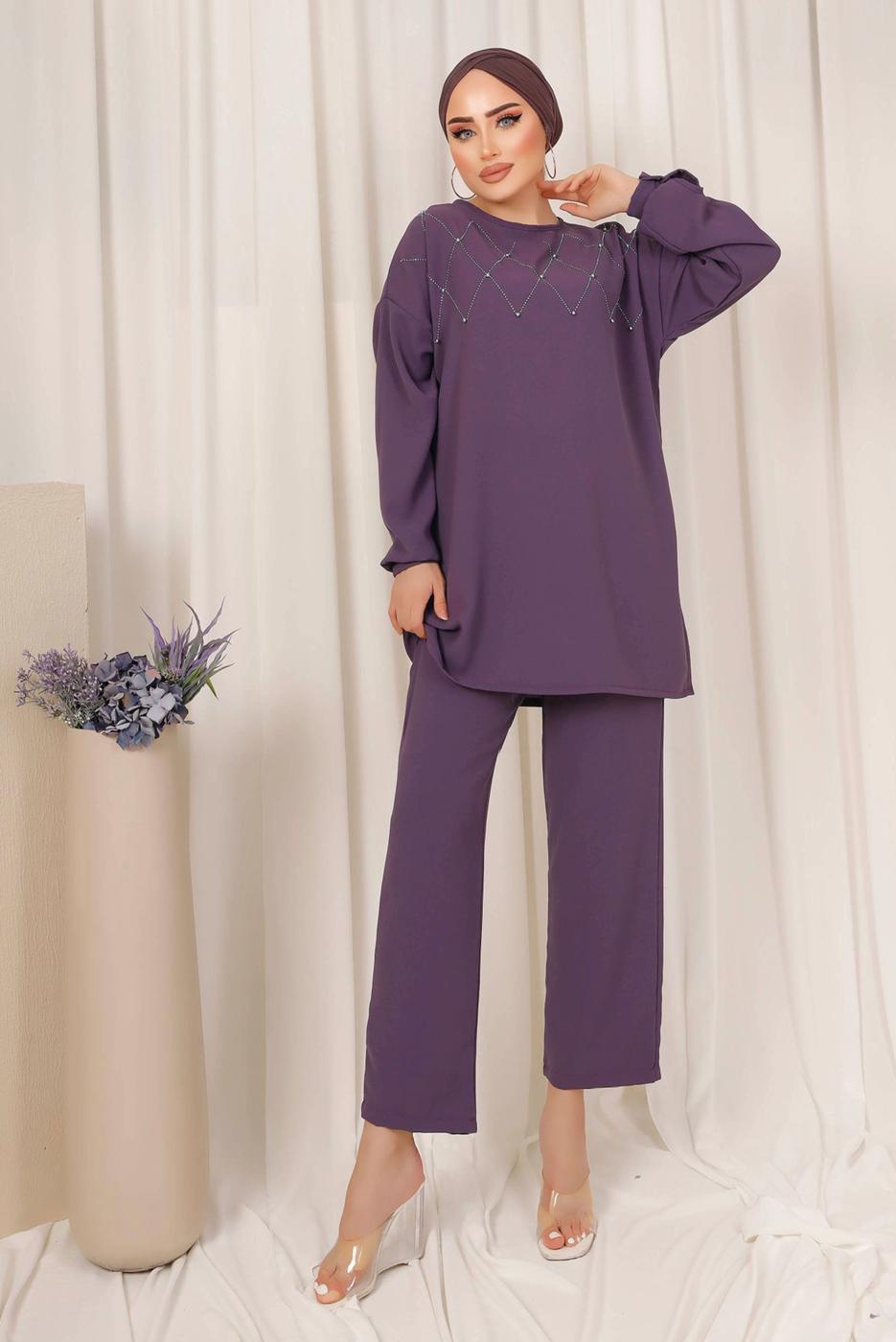 Tesettür giyim MOR PUL İŞLEMELİ İKİLİ PANTOLONLU KREP TAKIM T 2603