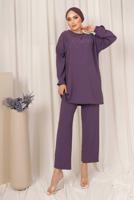 Tesettür giyim MOR PUL İŞLEMELİ İKİLİ PANTOLONLU KREP TAKIM T 2603