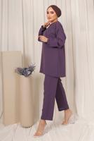 Tesettür giyim MOR PUL İŞLEMELİ İKİLİ PANTOLONLU KREP TAKIM T 2603