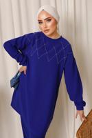Tesettür giyim LACİVERT PUL İŞLEMELİ İKİLİ PANTOLONLU KREP TAKIM T 2603