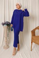 Tesettür giyim LACİVERT PUL İŞLEMELİ İKİLİ PANTOLONLU KREP TAKIM T 2603
