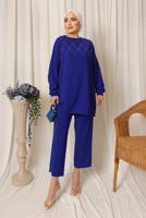 Tesettür giyim LACİVERT PUL İŞLEMELİ İKİLİ PANTOLONLU KREP TAKIM T 2603