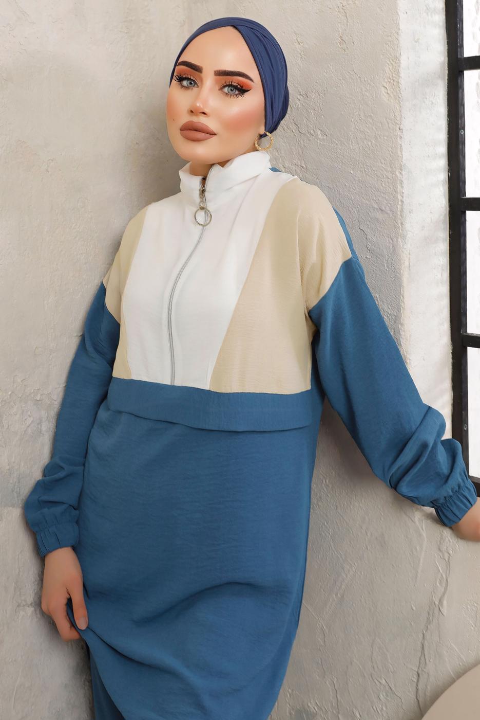 Tesettür giyim LACİVERT FERMUARLI MANŞETLERİ LASTİKLİ PANTOLONLU TAKIM T 2892