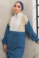 Tesettür giyim LACİVERT FERMUARLI MANŞETLERİ LASTİKLİ PANTOLONLU TAKIM T 2892