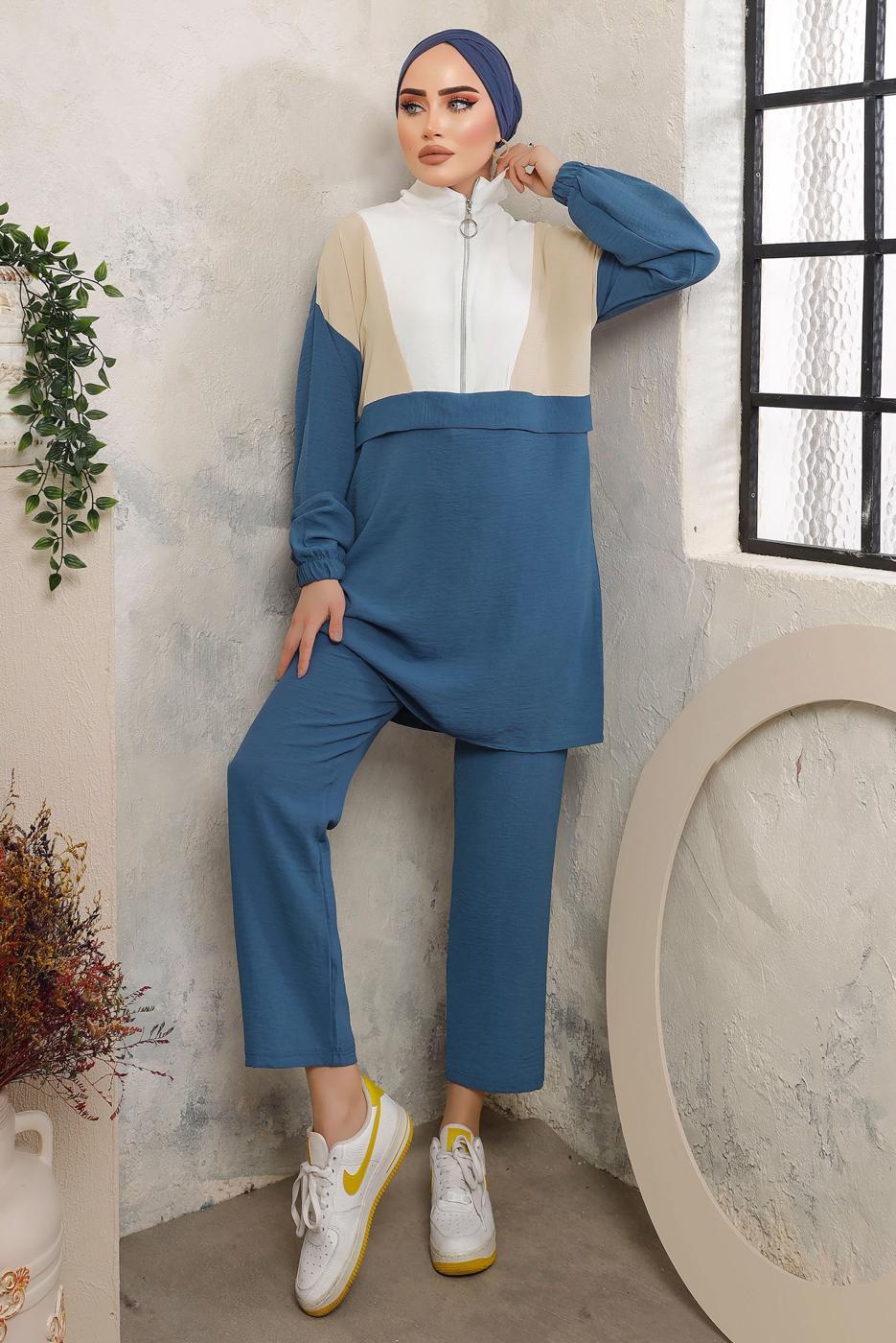 Tesettür giyim LACİVERT FERMUARLI MANŞETLERİ LASTİKLİ PANTOLONLU TAKIM T 2892