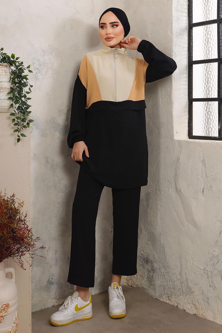 Tesettür giyim SİYAH FERMUARLI MANŞETLERİ LASTİKLİ PANTOLONLU TAKIM T 2892