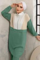 Tesettür giyim YEŞİL FERMUARLI MANŞETLERİ LASTİKLİ PANTOLONLU TAKIM T 2892