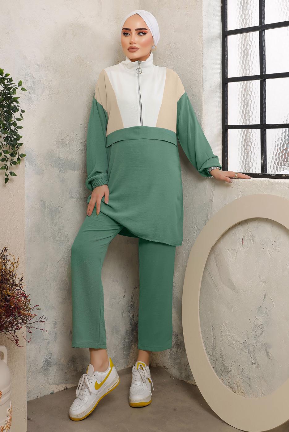 Tesettür giyim YEŞİL FERMUARLI MANŞETLERİ LASTİKLİ PANTOLONLU TAKIM T 2892