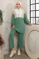 Tesettür giyim YEŞİL FERMUARLI MANŞETLERİ LASTİKLİ PANTOLONLU TAKIM T 2892