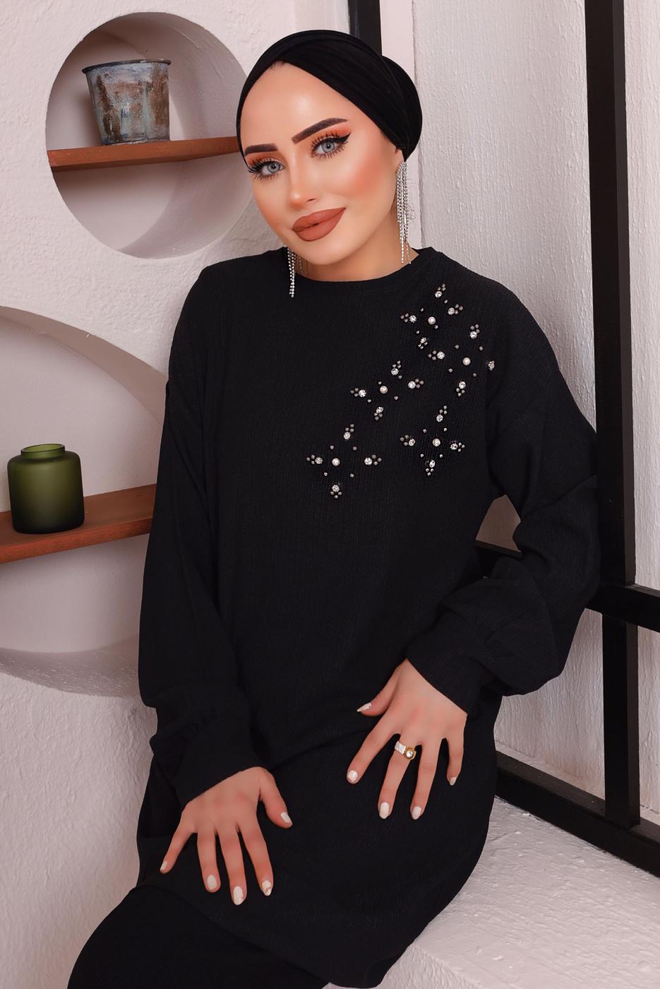 Tesettür giyim SİYAH TAŞ DETAYLI BÜRÜMCÜK İKİLİ PANTOLONLU TAKIM T 2992