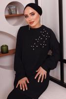 Tesettür giyim SİYAH TAŞ DETAYLI BÜRÜMCÜK İKİLİ PANTOLONLU TAKIM T 2992