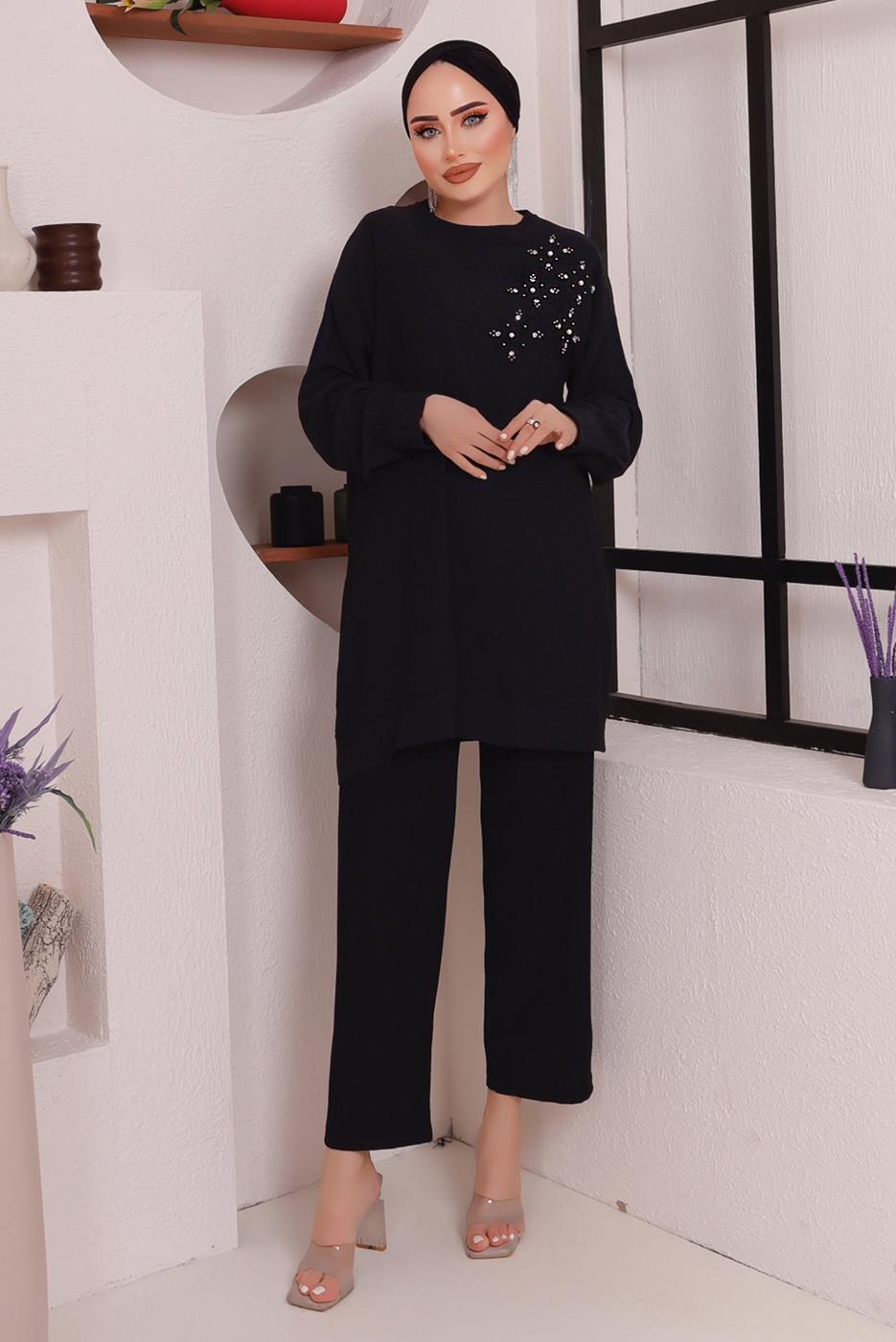 Tesettür giyim SİYAH TAŞ DETAYLI BÜRÜMCÜK İKİLİ PANTOLONLU TAKIM T 2992