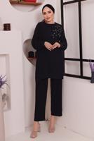 Tesettür giyim SİYAH TAŞ DETAYLI BÜRÜMCÜK İKİLİ PANTOLONLU TAKIM T 2992