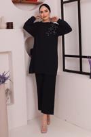 Tesettür giyim SİYAH TAŞ DETAYLI BÜRÜMCÜK İKİLİ PANTOLONLU TAKIM T 2992