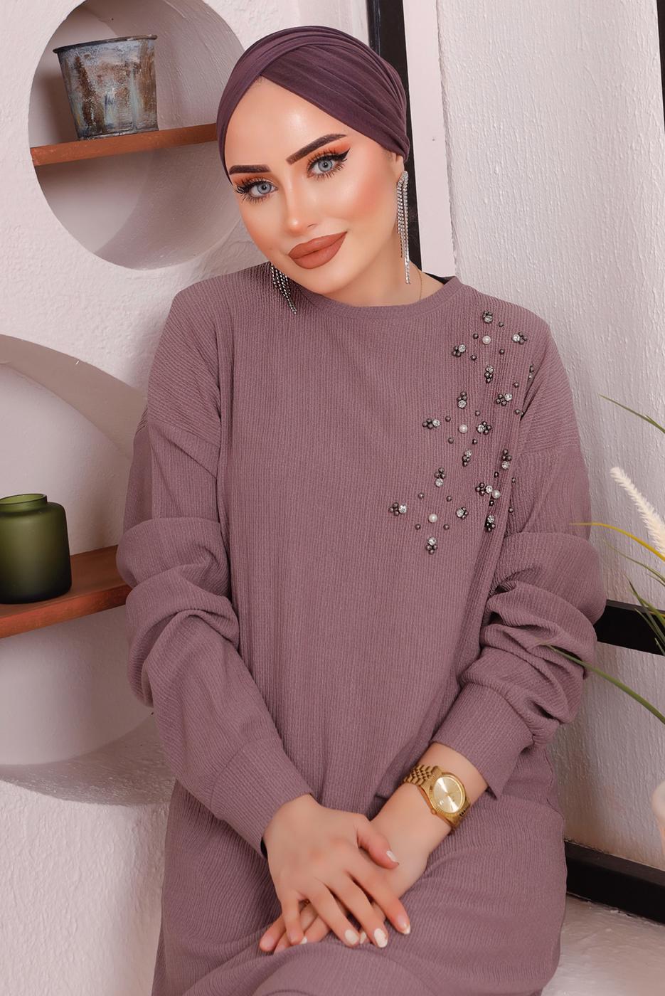 Tesettür giyim MOR TAŞ DETAYLI BÜRÜMCÜK İKİLİ PANTOLONLU TAKIM T 2992