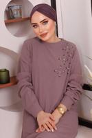 Tesettür giyim MOR TAŞ DETAYLI BÜRÜMCÜK İKİLİ PANTOLONLU TAKIM T 2992