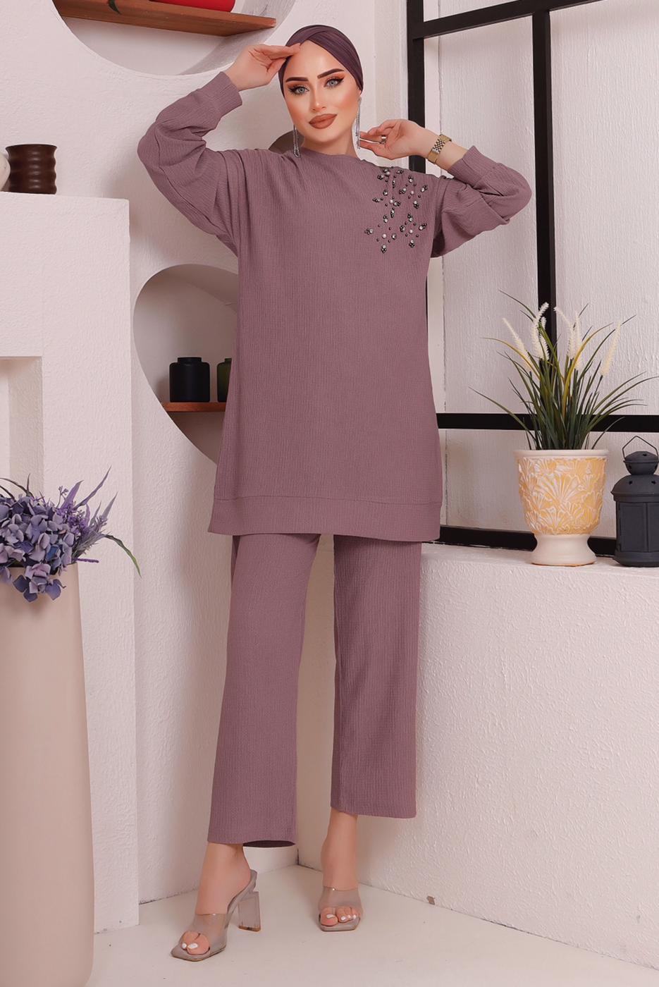 Tesettür giyim MOR TAŞ DETAYLI BÜRÜMCÜK İKİLİ PANTOLONLU TAKIM T 2992