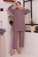 Tesettür giyim MOR TAŞ DETAYLI BÜRÜMCÜK İKİLİ PANTOLONLU TAKIM T 2992