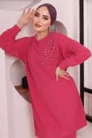Tesettür giyim FUŞYA TAŞ DETAYLI BÜRÜMCÜK İKİLİ PANTOLONLU TAKIM T 2992