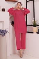 Tesettür giyim FUŞYA TAŞ DETAYLI BÜRÜMCÜK İKİLİ PANTOLONLU TAKIM T 2992