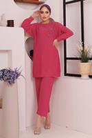 Tesettür giyim FUŞYA TAŞ DETAYLI BÜRÜMCÜK İKİLİ PANTOLONLU TAKIM T 2992