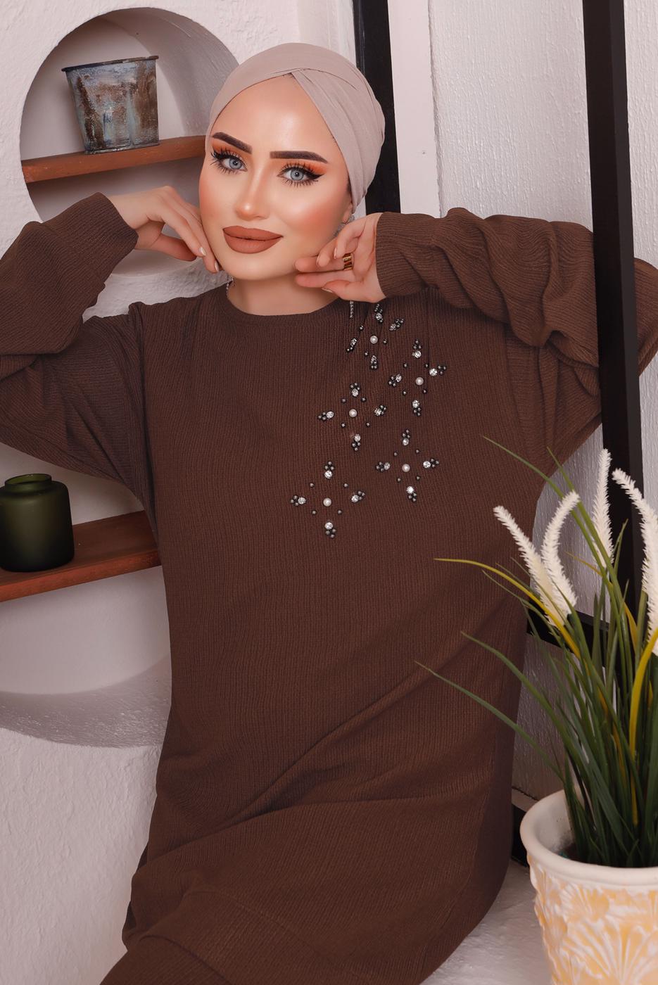 Tesettür giyim KAHVE TAŞ DETAYLI BÜRÜMCÜK İKİLİ PANTOLONLU TAKIM T 2992