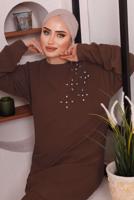 Tesettür giyim KAHVE TAŞ DETAYLI BÜRÜMCÜK İKİLİ PANTOLONLU TAKIM T 2992