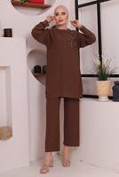Tesettür giyim KAHVE TAŞ DETAYLI BÜRÜMCÜK İKİLİ PANTOLONLU TAKIM T 2992