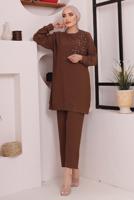 Tesettür giyim KAHVE TAŞ DETAYLI BÜRÜMCÜK İKİLİ PANTOLONLU TAKIM T 2992