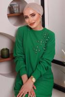 Tesettür giyim YEŞİL TAŞ DETAYLI BÜRÜMCÜK İKİLİ PANTOLONLU TAKIM T 2992
