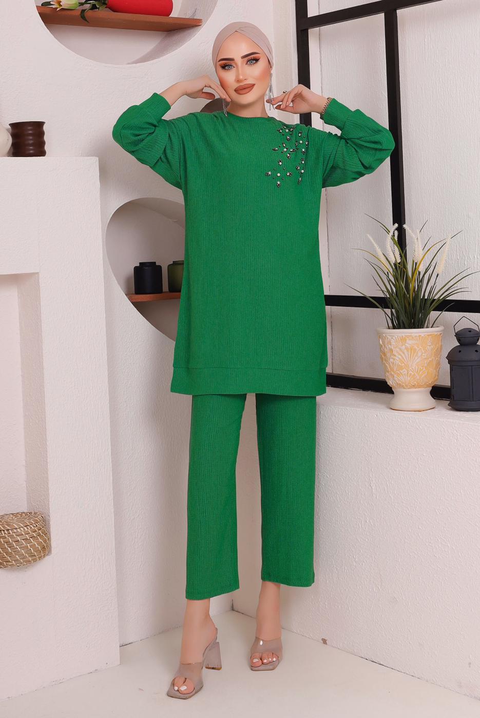 Tesettür giyim YEŞİL TAŞ DETAYLI BÜRÜMCÜK İKİLİ PANTOLONLU TAKIM T 2992